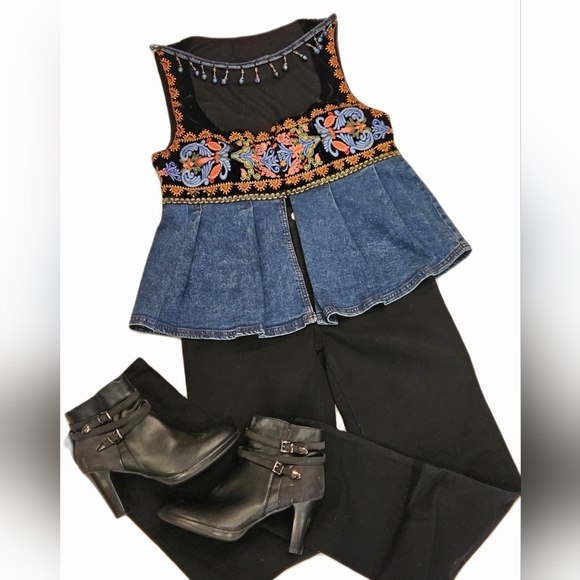 HANDMADE~UPCYCLED by ☆OKDco. VELVETEEN EMBROIDERED PARTY TOP!❤️SZ-MED - Picture 14 of 14